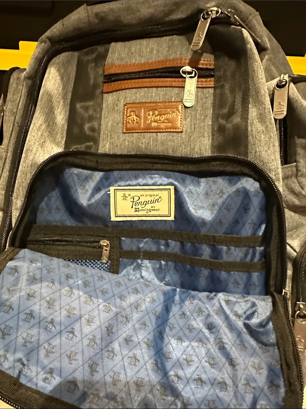 Original Penguin Gray and Brown Multi-Zip Everyday Backpack. Great condition!